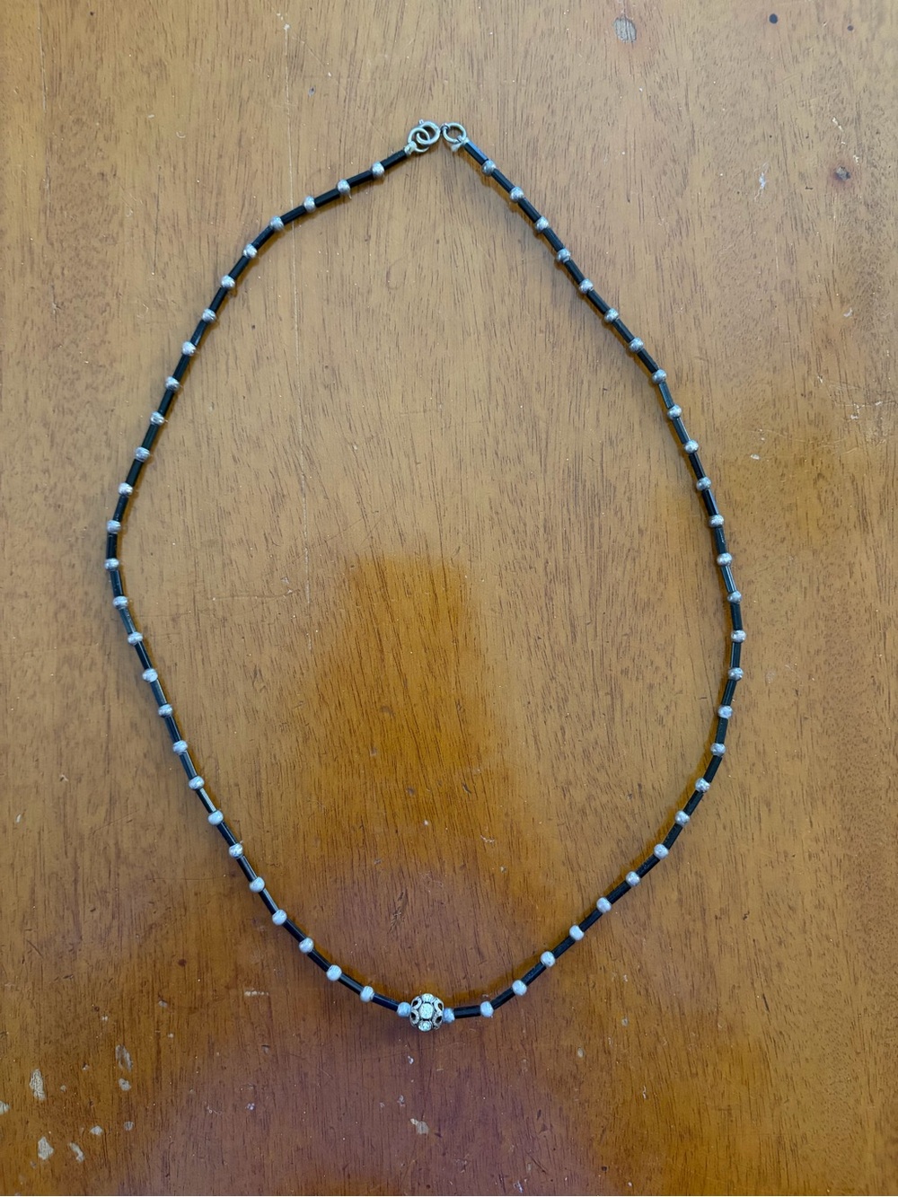 Silver Bead Black Cord Necklace - Women Vintage Jewelry
